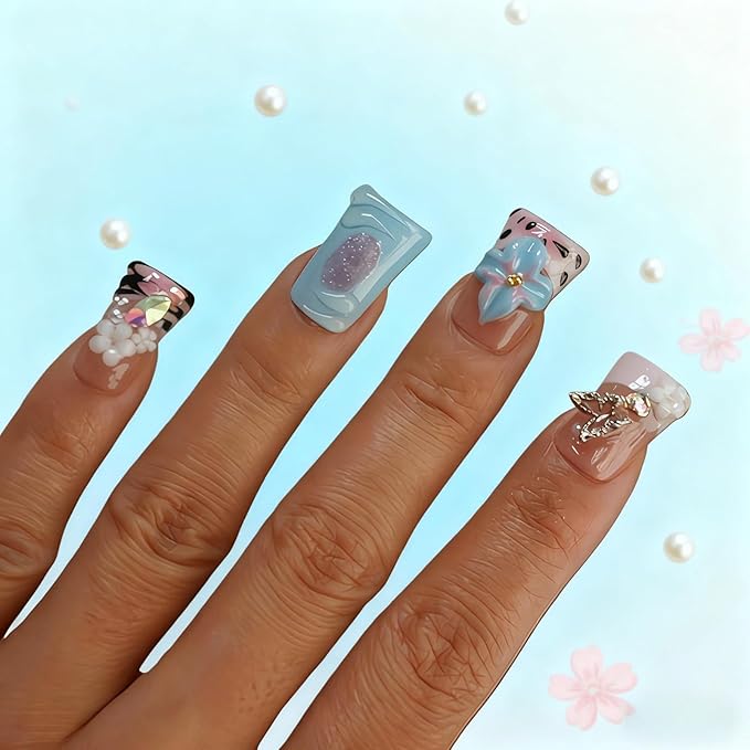 Short Duck Press on Nails - 3D Floral Metallic Butterflies False Nails with Pink French Tip & Leopard Print, Pearls Star Luxury Design, Reusable Thick Acrylic Full Cover (Dance Passion,M)