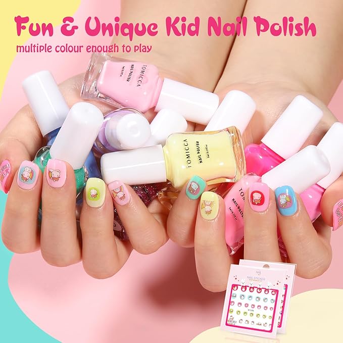 TOMICCA Kids Nail Polish Set - 12 Candy Rainbow Colors Non Toxic Water Based Odorless Peel Off Quick Dry Natural Safe for Toddler Parties & Birthday Girls (Ages 3+)