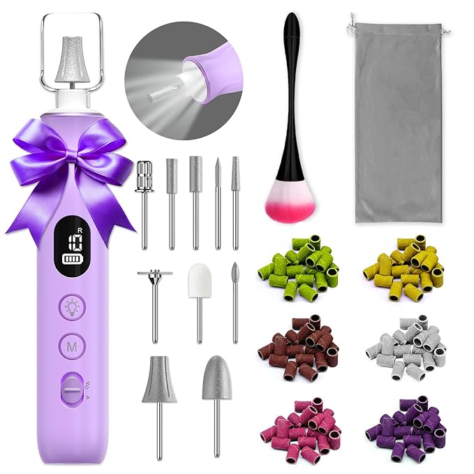 Electric Nail File, 10 Speeds Cordless Nail Drill with LED Light, Portable Manicure Pedicure Kit for Acrylic Gel Nails Thick Toenails Nail Grind, Hand Natural Nails Care - 10 Bits & 120 Sanding Bands