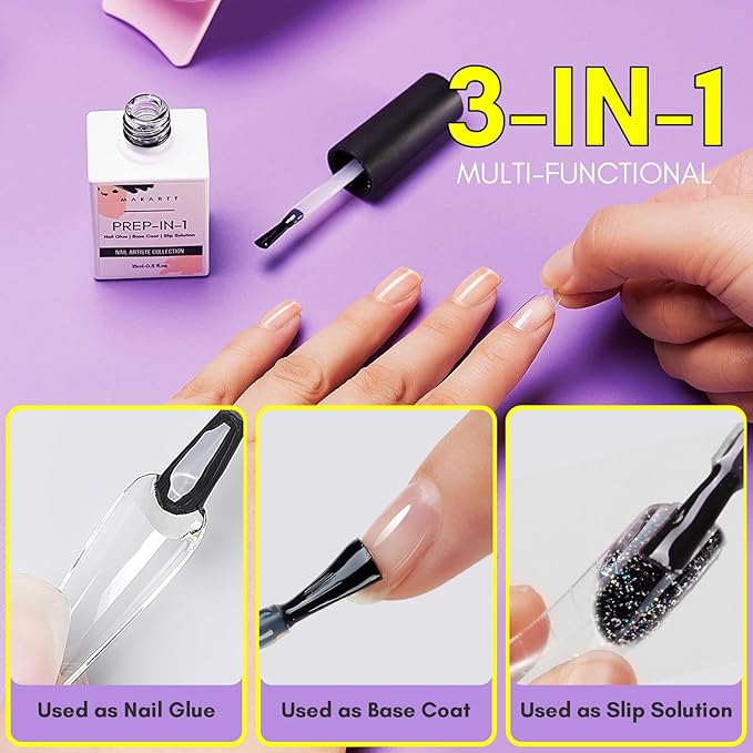 Makartt Gel Nail Glue: 3 in 1 Nail Glue for Acrylic Nails Extension Super Strong Adhesive Long Lasting Brush on Glues for Tips, Base Coat & Slip Solution, & Stick Rhinestone, Curing Needed, 15ml
