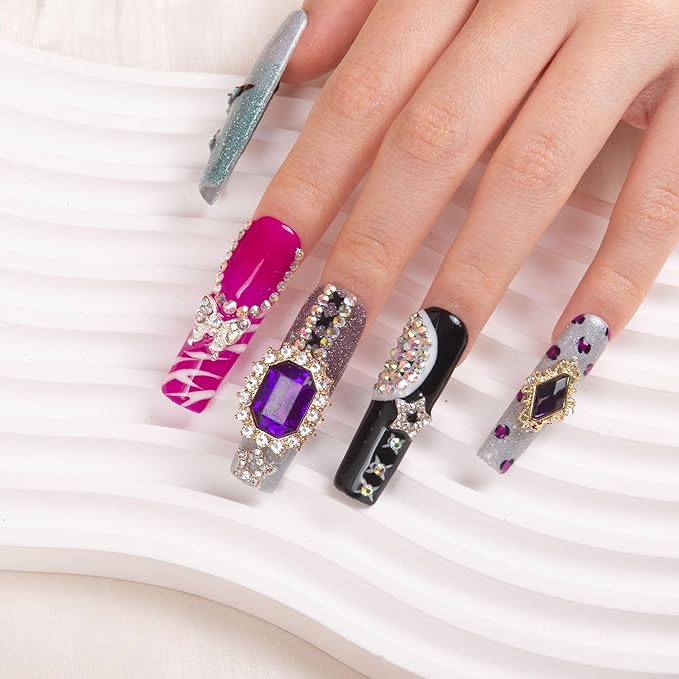 LOVFUL Press on Nails Jungle Gems| Handmade with Full Covered Crystals| Reusable Fake Nails| Square Mid length 1.7in| H267-M