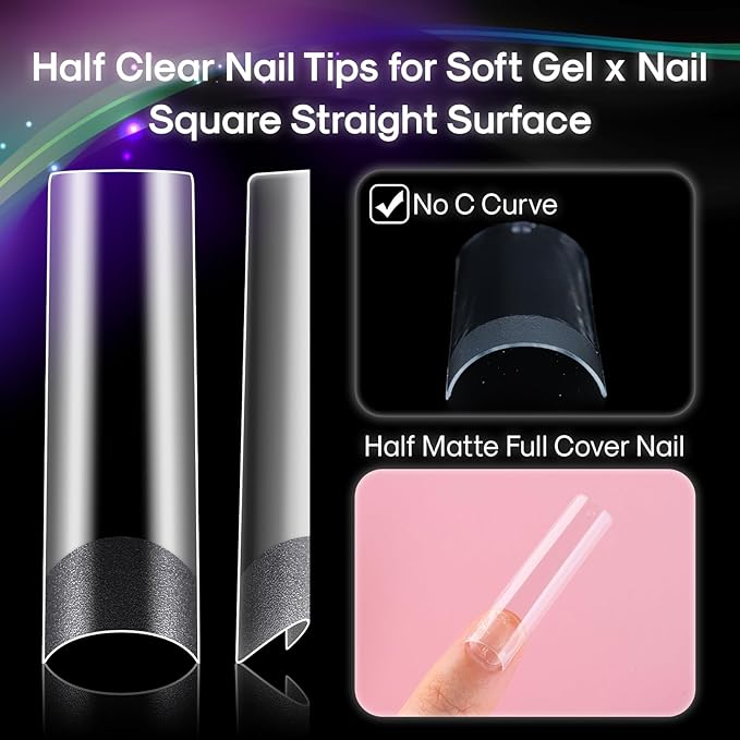 Flattened No C Curve, XXL Square Nail Tips, Half Matte Clear Half Cover Tapered Square Straight Flat Tips for Acrylic Nails Salons Home DIY Extensions(12 Sizes 240PCS)
