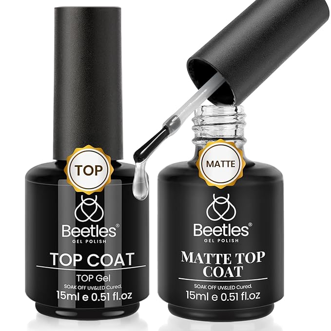 Beetles Matte Gel Top Coat No Wipe Glossy Top Coat Set 2Pcs 15ml, Shiny Long-Lasting Clear Gel Nail Polish, Soak Off UV LED Nail Lamp, Home DIY Manicure Salon Gifts for Women
