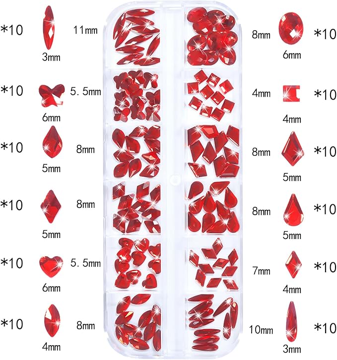 Nail Rhinestones - 3D Multi Shape Size, Flat Back, Crystals Manicure Rhinestones Charms, Red Nail Gems, with Kit, for Nail Art, Bedazzling Acrylic Nails, DIY Decor