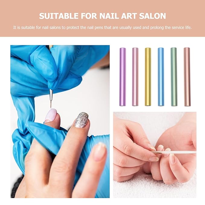 HEALLILY Manicure Pen Caps - 6 Pcs Zinc Alloy Nail Art Pen Covers Durable Nail Brush Protectors for Salon & Home Use