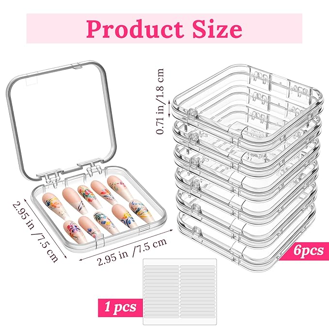 Xindojuz 6 Pcs Press On Nail Packaging Box, Acrylic Press on Nail Storage Cases for Pres Ons with 30 Pcs Adhesive Double Sided Tape for Fake Nails Display Storage Boxes Art Home Salon Supplies (Clear)
