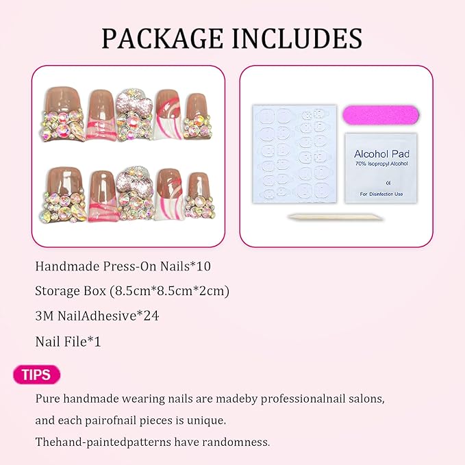 Handmade Press on Nails Short Duck Fake Nail Glitter Bows with Luxury Colorful Rhinestones Design Thick Acrylic and Muti-Layer French Tip False Nails Full Cover Bows Stick on Nail Set for Women（M)