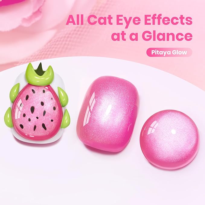 Beetles Pitaya Glow Pink Cat Eye Gel Nail Polish - 15ML Glitter Pink Cat Eye Spring Gel Polish Magnetic Shimmer Effect Soak Off UV Nail Art Design Salon DIY Manicure Gift for Women