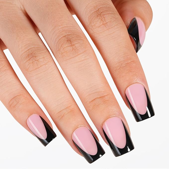 Vansiho Pink Black Deep French Gel Nail Tips, Short Square Soft Gel Nail Tips, French Tips Press on Nails, 150 Pcs Box of DIY False Nails, 15 Sizes