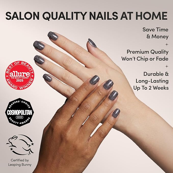 Glamnetic Press On Nails - Cosmic Fake Nails | Semi-Transparent Sparkly Black Short Squoval Fake Nails with a Glossy Finish, Salon Quality | 15 Sizes - 30 Nail Kit with Glue