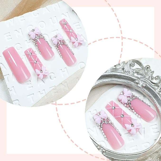 24Pcs Press on Nails Long Square French Tip Fake Nails Pink Full Cover False Nails with Bow Designs Square Nail Press ons Long Glue on Nails Cute Stick on Nail for Women
