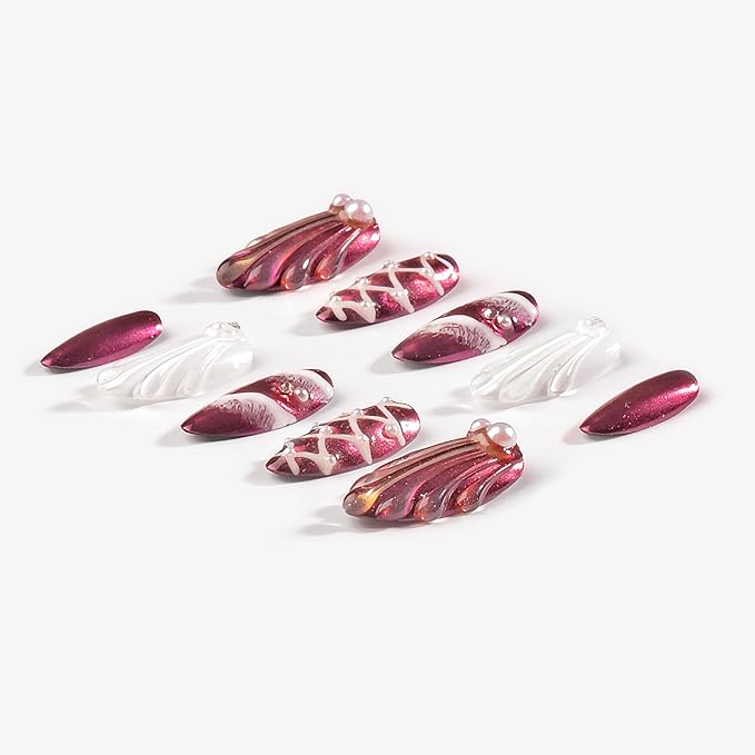 Sun&Beam Nails Handmade Press-on Medium Long Amlond Purple White Winered Aurora Mermaid Design False Nail Tips 10 Pcs (#019 XS)