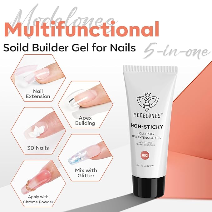 modelones Solid Builder Gel for Nails, Non-Sticky Upgraded Poly Extension Hard Gel Nude for 3D Art Sculpting Molding Beginners-friendly 50g