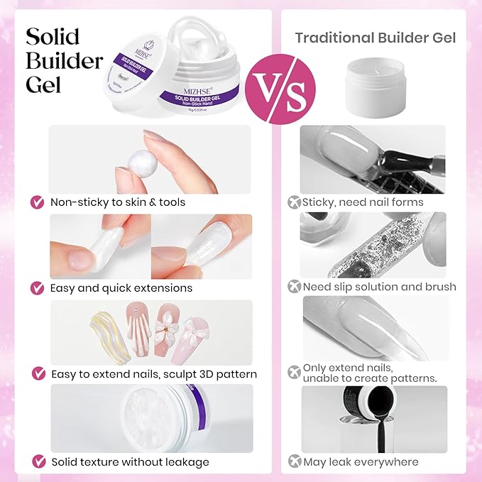 MIZHSE Solid Builder Gel for Nails, Clear and Pearl White 3D Nail Art,Non-Sticky Sculpting Building Hard Gel with Dual Form Silicone Pen for Carving Patterns Decoration Nail Art Manicure Home DIY