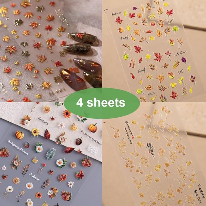 4 Sheets Nail Stickers for Autumn 5D Self-Adhesive Nail Art Decals for Women Flower Stickers Decoration