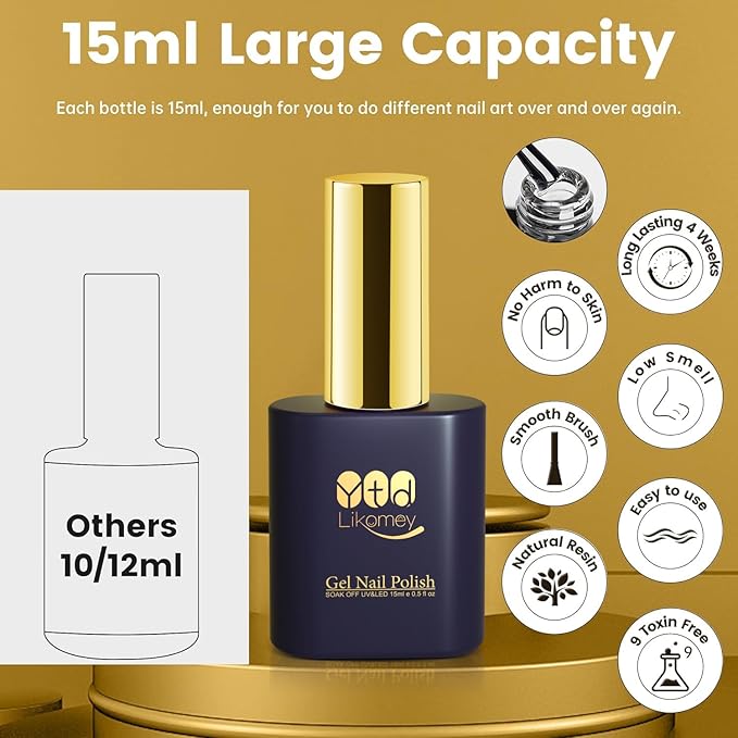 YTD Likomey Gel Polish Polish Gold Foil Top Coat,Glossy No Wipe Long Lasting Shiny Finish Clear Gold Glitter Sparkle,Salon Home DIY UV Manicure Nail Art Varnish UV Nail Gel,15ml 0.5 Fl Oz
