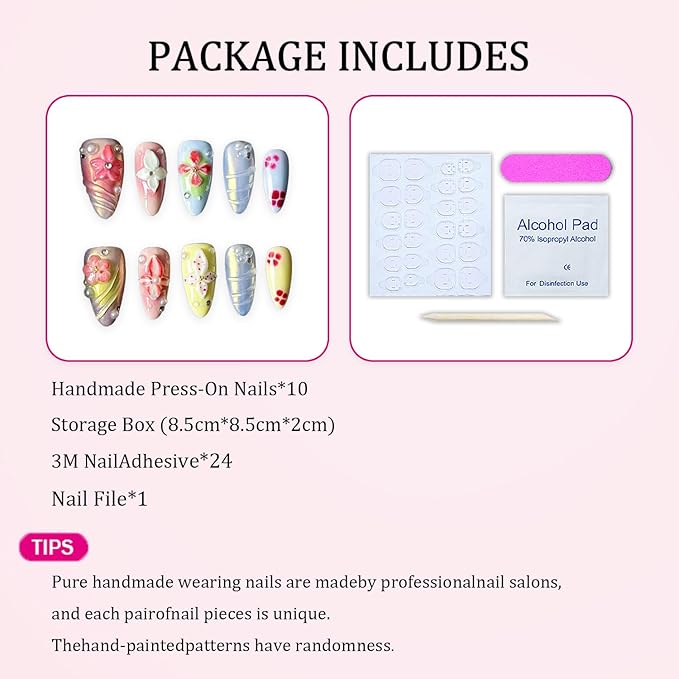 Handmade Press on Nails Luxury 3D Flower Pearl Acrylic Nails Designs Almond Medium Fake Nails Muti-Layer Gel Full Cover French Tips Thick Stick on Nail Gradient False Nails for Women and Girls (M)