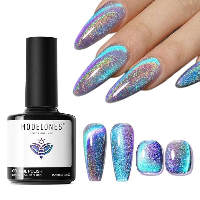 modelones 9D Magnetic Cat Eye Gel Nail Polish, Holographic Blue Purple Rainbow Shimmer, 15ML UV LED Soak Off Gel, valentine Nail Art, Manicure Design - Reflective Top Coat for Women & Girls