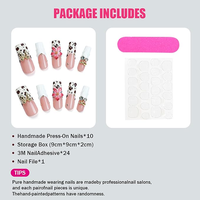 Handmade Press On Nails - White French Tip Press on Nails Long Square Fake Nails with 3D Flower and Rhinestones Bow Designs Long Acrylic Sparkly False Nails for Women Nails DIY 10Pcs(Size M)