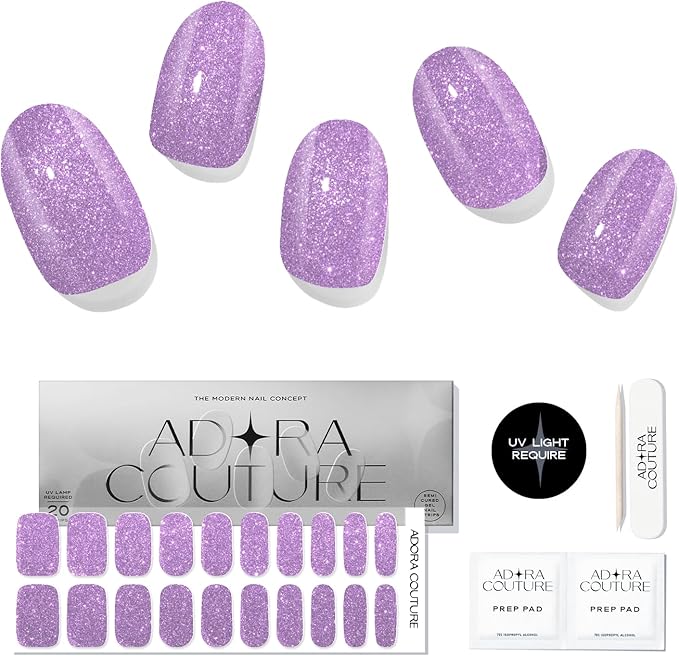 Semi-Cured Gel Nail Strips - 20 Salon-Quality Gel Sticker with UV Light Required, Long Lasting, Easy Application & Removal, Includes Prep Pad, Nail File, Wooden Stick (Purple Twinkle)