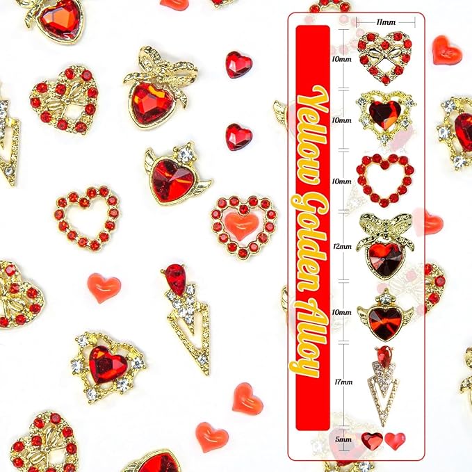 36pcs Red Heart Nail Charms Golden Luxury Alloy Valentine Charms for Nails 3D Red Nail Art Rhinestones Gems Gold Crystal Diamonds Jewelry Stones Studs Charms Supplies for Nails Face Eyes Makeup