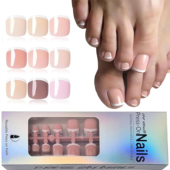 216 Pcs White French Tip Press on Toenails Short Square Fake Toe Nails Nude Glossy Acrylic Glue On Toe Nails Full Cover False Toenail Tips Stick on Toenails for Women Foot Manicure Kit 12 Size