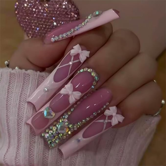 Long Square Press on Nails Pink French Tip Fake Nails Xl False Nails with Bow Rhinestones Designs Long Nails Press ons Sparkly Glue on Nail Full Cover Stick on Nail for Women 24Pcs