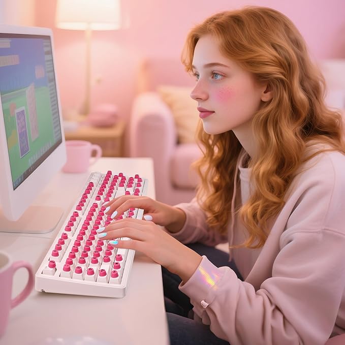 128Pcs Raised Keyboard Stickers for Long Nails with Letters, Soft Silicone Keyboard Bubbles for Women, Nail Art Typing Keycaps for Desktops (Pink, 128pcs)