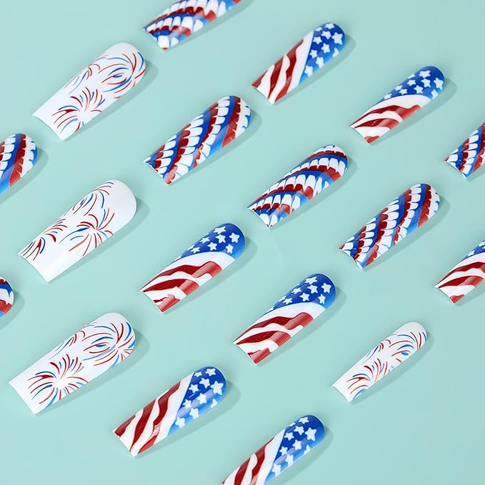 4th of July Press on Nails Long Square America Flag Fake Nails Full Cover Firework False Nails with Designs Tricolor Glossy Glue on Nails Star Acrylic Nails Manicure Artificial Nails for Women Girls