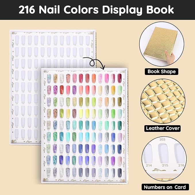 Segbeauty 2 Pack 216 Colors Nail Display Book, Nail Gel Polish Display Chart with 480 False Nails Tips, Professional Nails Color Swatches Book with Golden PU Leather Cover for Salon DIY Art