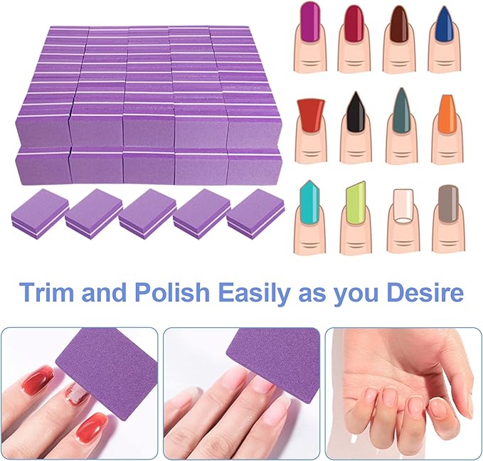 Nail Buffers (100 Pack), Mini Buffer Block Nail File for Acrylic Nails and Natural Nails, 100/180 Grit Nail Buffer Block Bulk Buffing Blocks for Nail Buff Professional Manicure File Blocks Set Purple