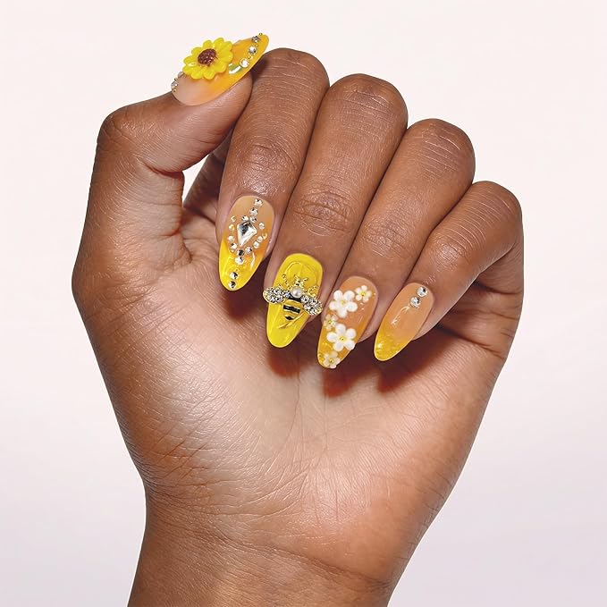 24Pcs Handmade Press on Nails,3D Sunflower Medium Length Almond Shape Fake Nails with Full Covered White Flowers,Cute Manicure Kit for Women and Girls