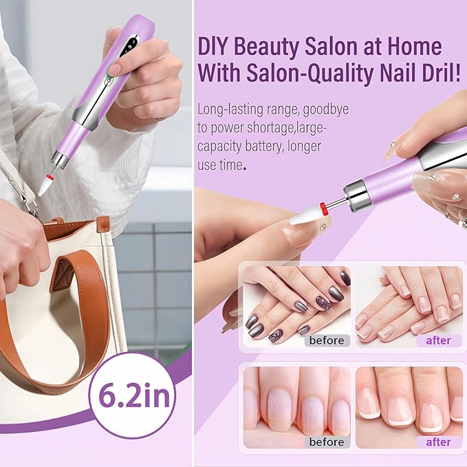 Electric Nail Drill File Cordless,Portable Rechargeable Nail File Kit for Acrylic & Gel Nails,Professional Efile for Manicure Pedicure Polishing,with 12 Nail Drill Bits 31 Sanding Bands,Purple