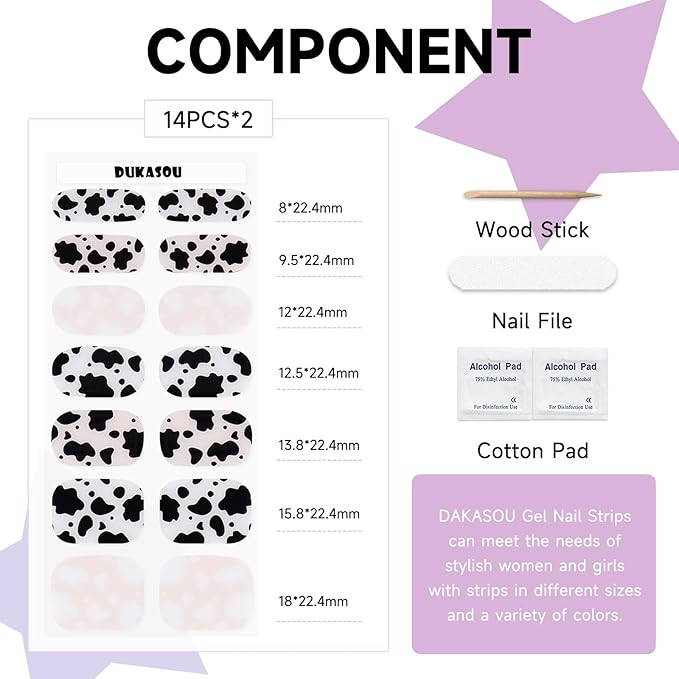 Semi Cured Gel Nail Strips (Dairy Cow), 28 pcs Gel Nail Stickers, Work with Any UV Lights, Long-Lasting NailWraps for Women Art DIY Design, Easy to Apply & Remove, Salon-Quality