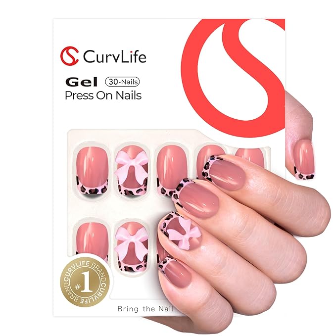 Curvlife Shohrt Square Press On Nails – 30PCS Full Cover False Natural Fit Soft Gel French Nail Tips with Leopard Print and 3D Bow Accent, Easy to Apply at Home Glue On False Nails Kit
