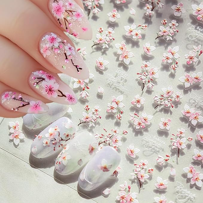 5D Embossed Flower Nail Art Stickers Cherry Blossoms Nails Decals White Pink Sakura Floral Nail Stickers Spring Summer Nails Design Flower Supplies for Women DIY Manicure Decoration Accessories 1Pcs