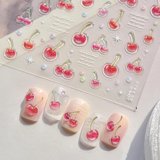 5D Cute Nail Stickers for Nail Art Embossed Crystal Red Cherry Nail Decals Self Adhesive Colorful Polka Dot Nail Design French Nail Art Stickers Fruit Cherry Nail Supplies Decoration for Women 1Sheet