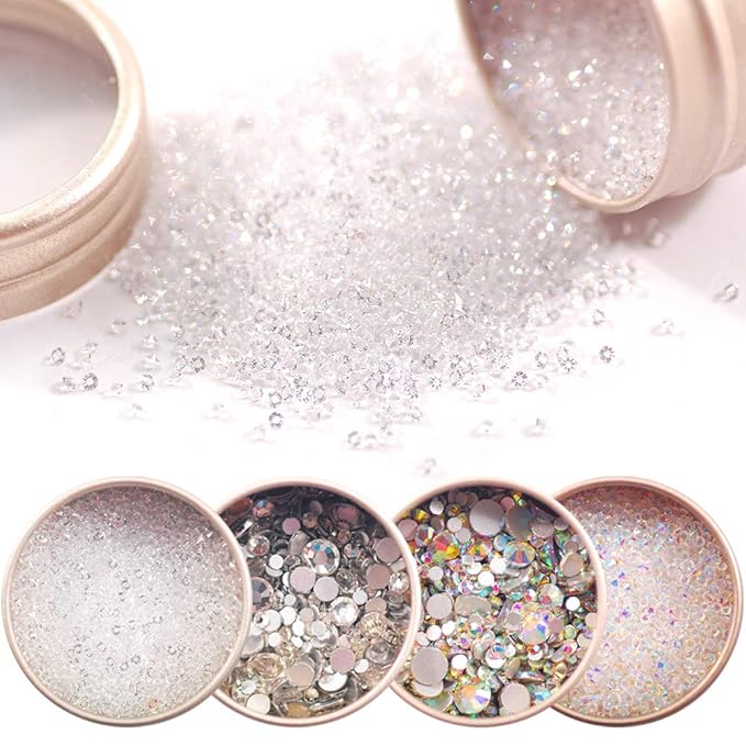 4 Boxes Nail Art Rhinestones AB and White Color Micro Diamond Sparkly with Aluminum Box Delicate Nail Gems
