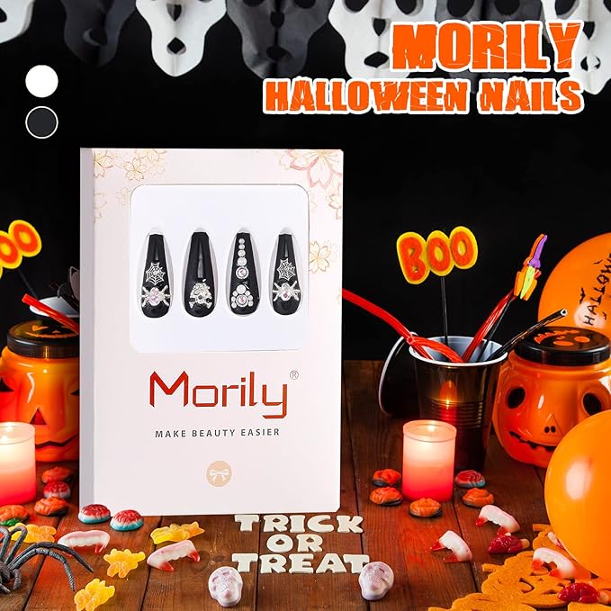 Morily 24Pcs Long Coffin Press on Nails Halloween Black Fake Nails Acrylic Skeleton Stick on Nails with 3D Spider Web Rhinestones Design Artificial False Nails for Women (Black Silver Spider Crystal)