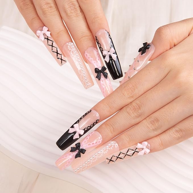 LOVFUL Press on Nails Ballerina| Handmade with Full Covered Crystals| Reusable Fake Nails| Square Mid length 1.7in| H237-L