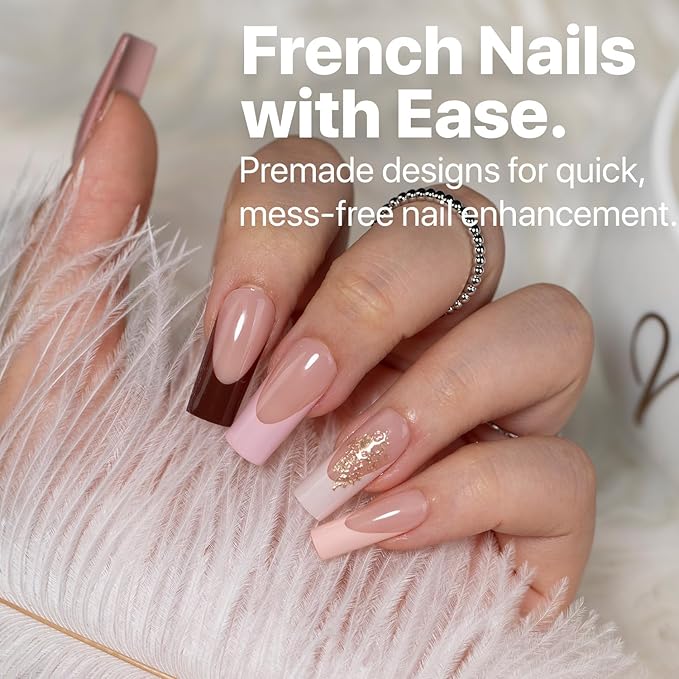 SXC Cosmetics French Tip Press On Nails - Skin Tone Nude and Color Series, Medium Square X-Pro Tips Starter Kit ST117KIT
