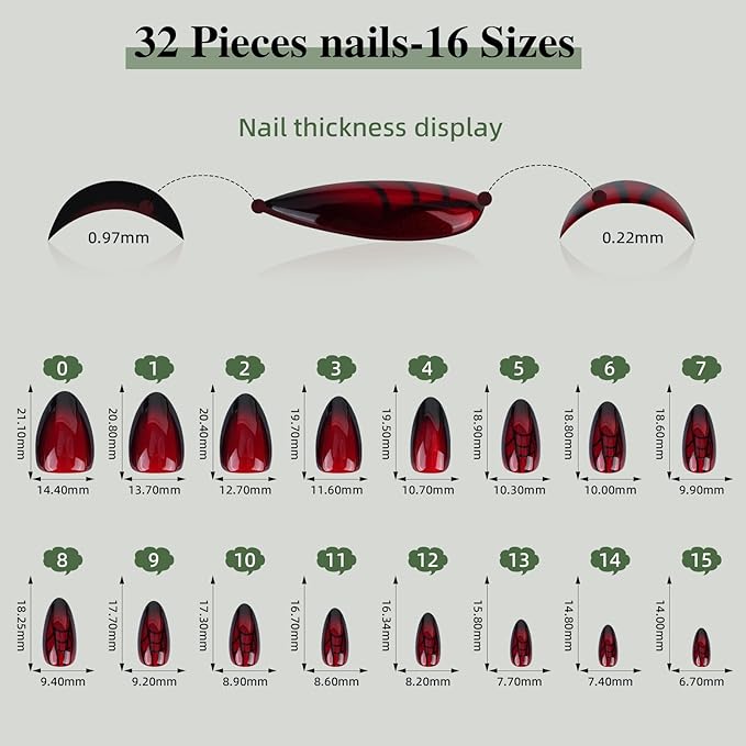 Red Spider Web Cat Eye Press On Nails Short Almond, Glossy Reusable Press On Nails for Women, 32 Count 16 Sizes Nail Kit with Glue (SV-10)