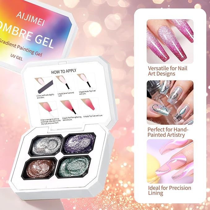 AIJIMEI Ombre Gel, Gradient Painting Gel, Ombre Gel Nail Polish, Including 100 Nail Sponges And Grabbing Pen Suitable For Salons And Family DIY(A10)