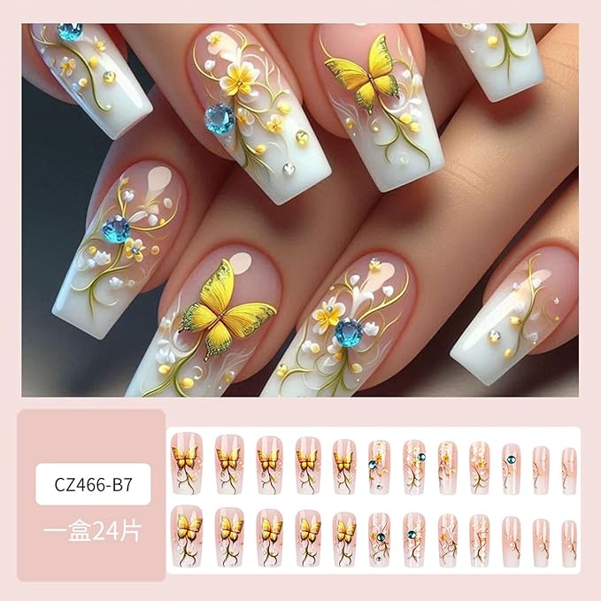 White French Tip Press on Nails Medium Coffin Fake Nails with Designs Flower Glue on Nails Yellow Butterfly Acrylic Nails Blue Rhinestone False Nails Glossy Stick on Nails for Women