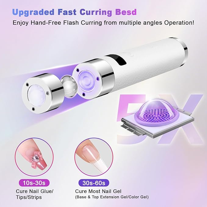Mini UV Light for Nails with Auto Sensor & Gooseneck Stand,Portable Cordless Nail Lamp Flash Cure Lamp with LCD Display,Handheld UV Light for Gel Nails at Salon & Home Use (White)