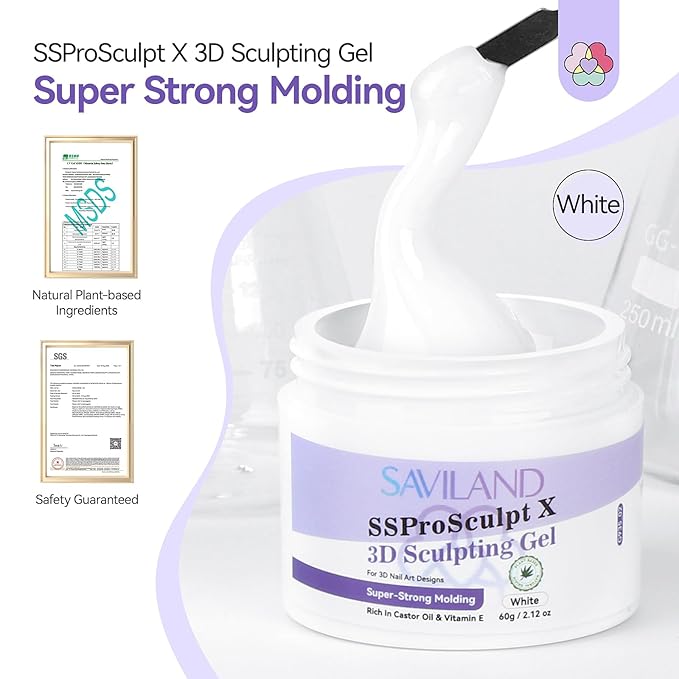 SAVILAND 60 g 3D Nail Gel: Strong Molding 3D Gel Nail Art Sculpture White Sculpting Gels No Wipe for Extension Non Sticky Gels Builder 3D DIY At Home Gift Set