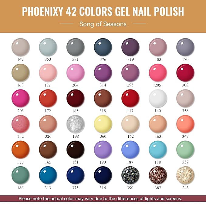 phoenixy 50 Pcs Gel Nail Polish Set, 42 Colors Nail Polish with 2 Base Coat & 4 Effects Top Coat Red Brown Colors Gel Polish Kit Nail Starter Set Christmas Gifts for Women Girls