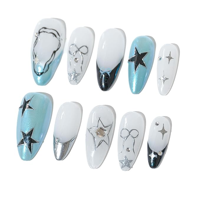 Sun&Beam Nails Handmade Press-on Medium Long Amlond Blue Black White French Star Bow Design Fashion False Nail Tips 10 Pcs Set (#218 M)