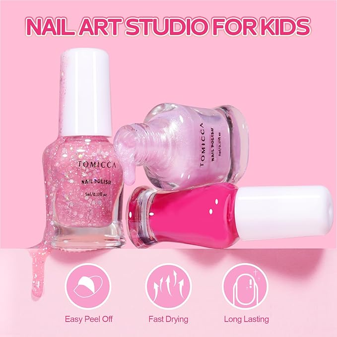 TOMICCA Kids Nail Polish - 10 Color Quick Dry Peel Off Water Based Rainbow Nail Polish, Safe Non Toxic for Toddler to Teen