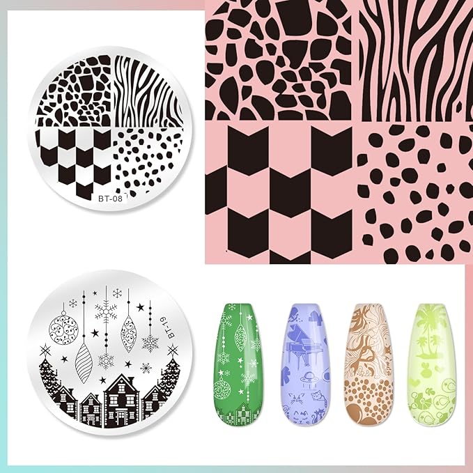Biutee 15PCS Nail Stamping Plates Nail Stamper Kit with Nail Art Stamper and Scraper, Nail Stamp Plate Flower Animal Geometry Stripe Design Nail Stamping Kit with Storage Bag